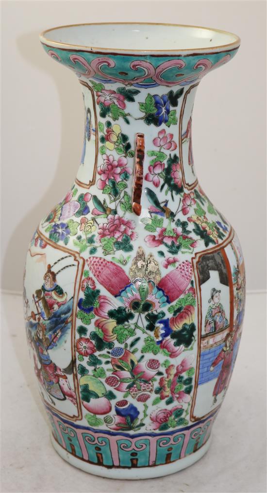 A Chinese Canton-decorated famille rose baluster vase, mid 19th century, 42.5cm, body crack